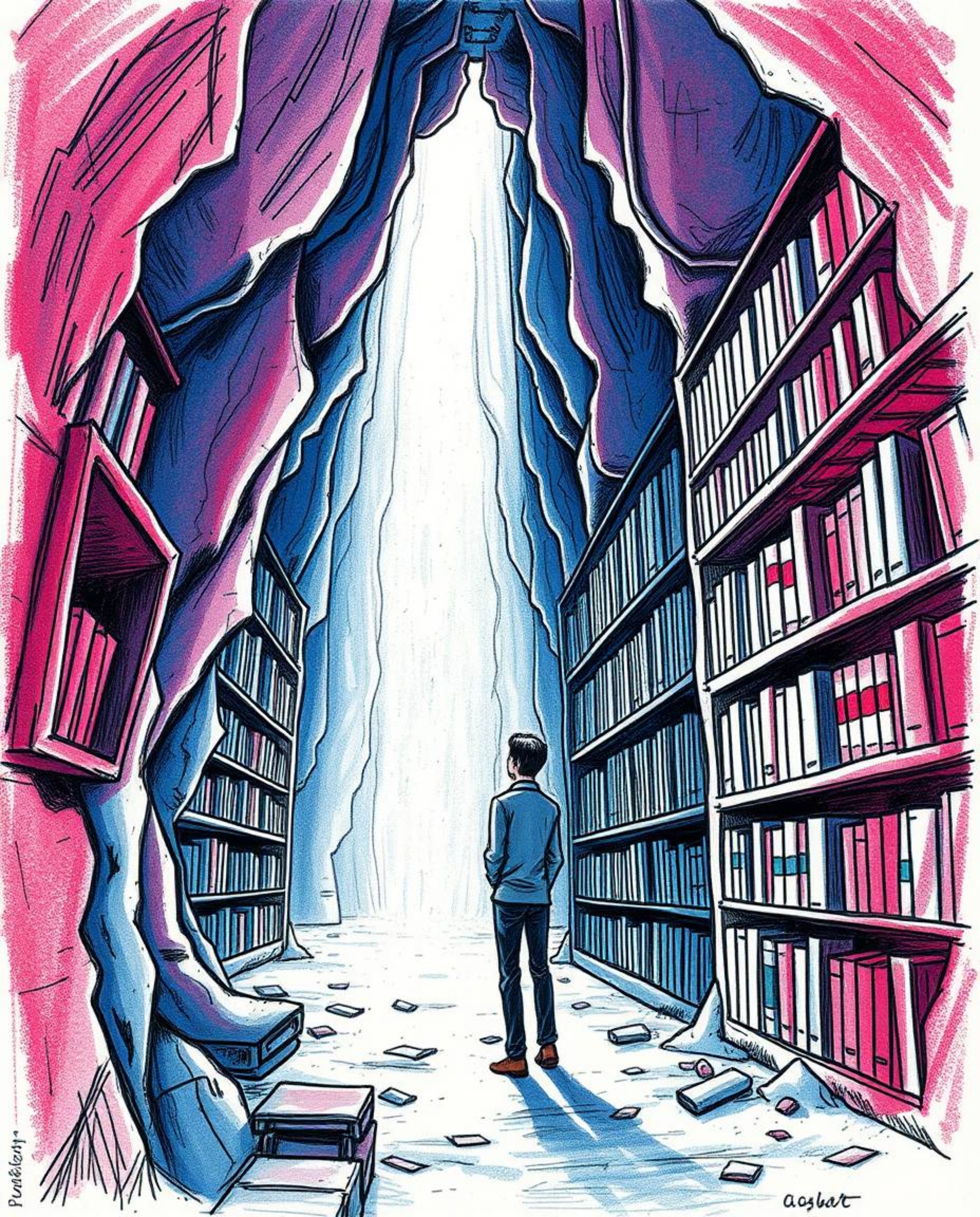 A captivating hand-drawn sketch depicts a person's awe-inspiring discovery of a hidden underground library. Rich burgundy and