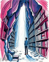 A captivating hand-drawn sketch depicts a person's awe-inspiring discovery of a hidden underground library. Rich burgundy and