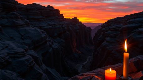 Experience the serene beauty of a rocky canyon bathed in the warm hues of a setting sun.  Flickering candlelight adds a magic