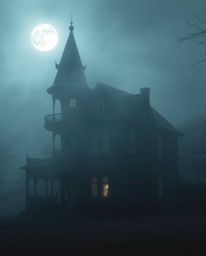 High-resolution stock photo capturing a fog-covered Victorian mansion bathed in soft moonlight. This commercial-quality image