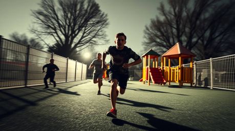 A dramatic slow-motion run through a playground is reimagined as a symbolic traditional tattoo art print. This vibrant piece 