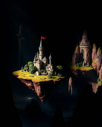Discover a vibrant fantasy realm featuring floating islands and majestic castles, dramatically illuminated by contrasting chi