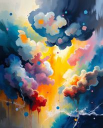 Explore classic oil painting techniques combined with the vibrant chaos of watercolor splashes on paper, creating a captivati