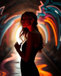An image depicting a graceful figure standing at a tunnel's edge, gazing towards a captivating artistic light source.  The sc