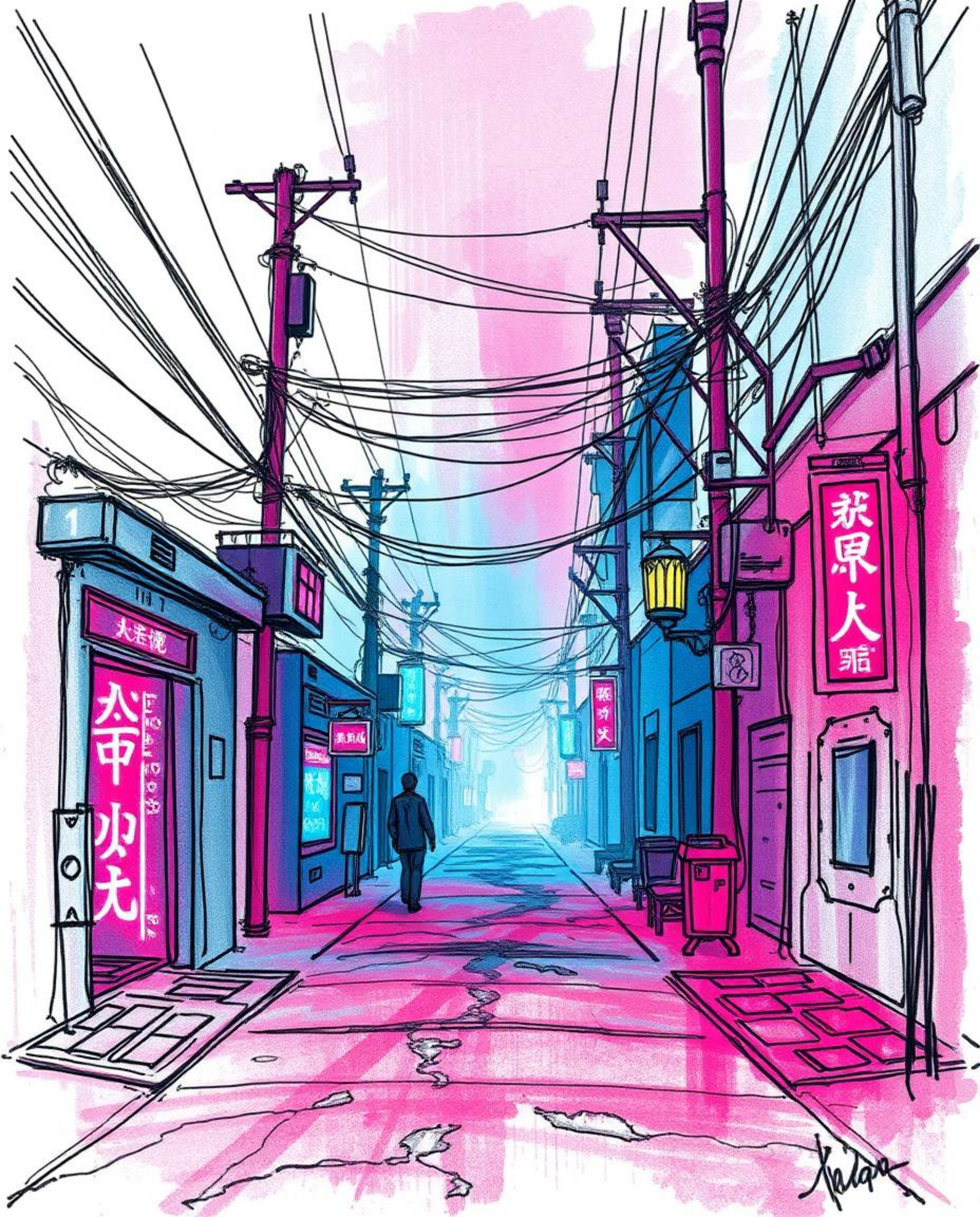 Explore a captivating collection of cyberpunk imagery, featuring hand-drawn sketches with rich burgundy and deep blue tones a
