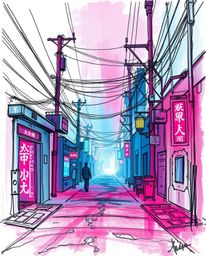 Explore a captivating collection of cyberpunk imagery, featuring hand-drawn sketches with rich burgundy and deep blue tones a