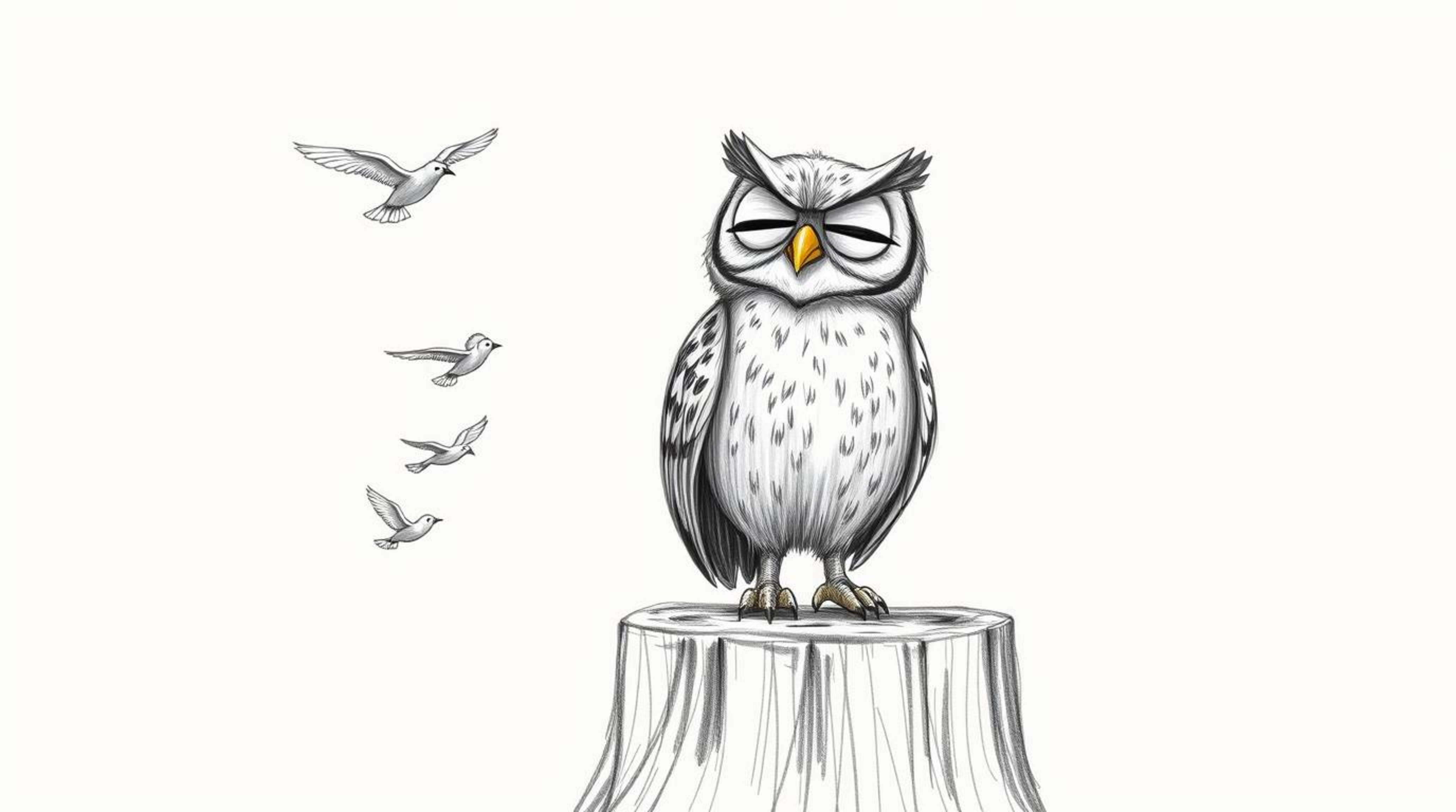 A charming, hand-drawn sketch depicts a blind, yet expressive owl in Pixar style, perched on a tree stump.  The owl, rendered