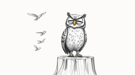 A charming, hand-drawn sketch depicts a blind, yet expressive owl in Pixar style, perched on a tree stump.  The owl, rendered