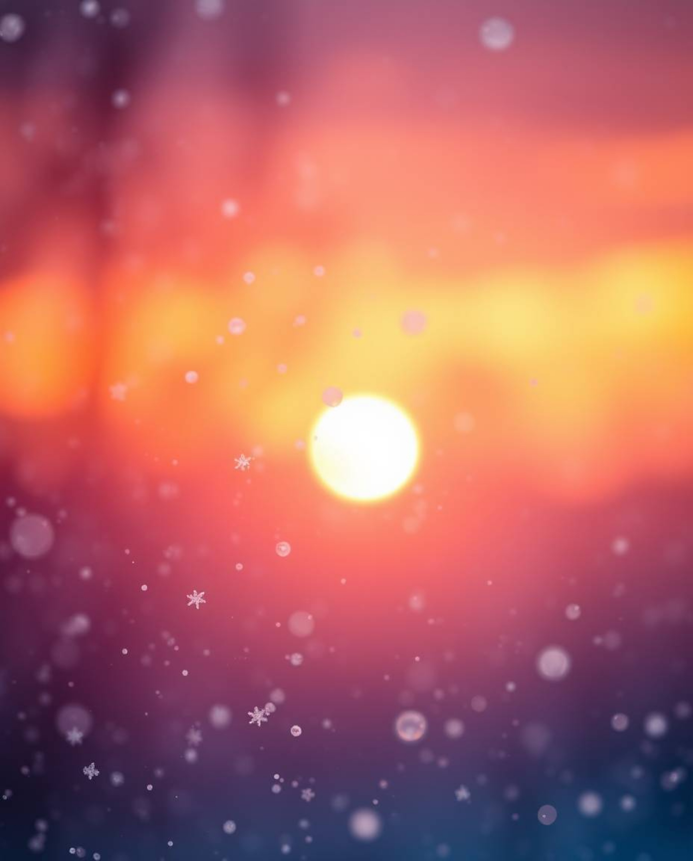 Witness snowflakes falling during a vibrant sunset, enveloped in a soft cinematic haze that enhances the scene's mystical fee