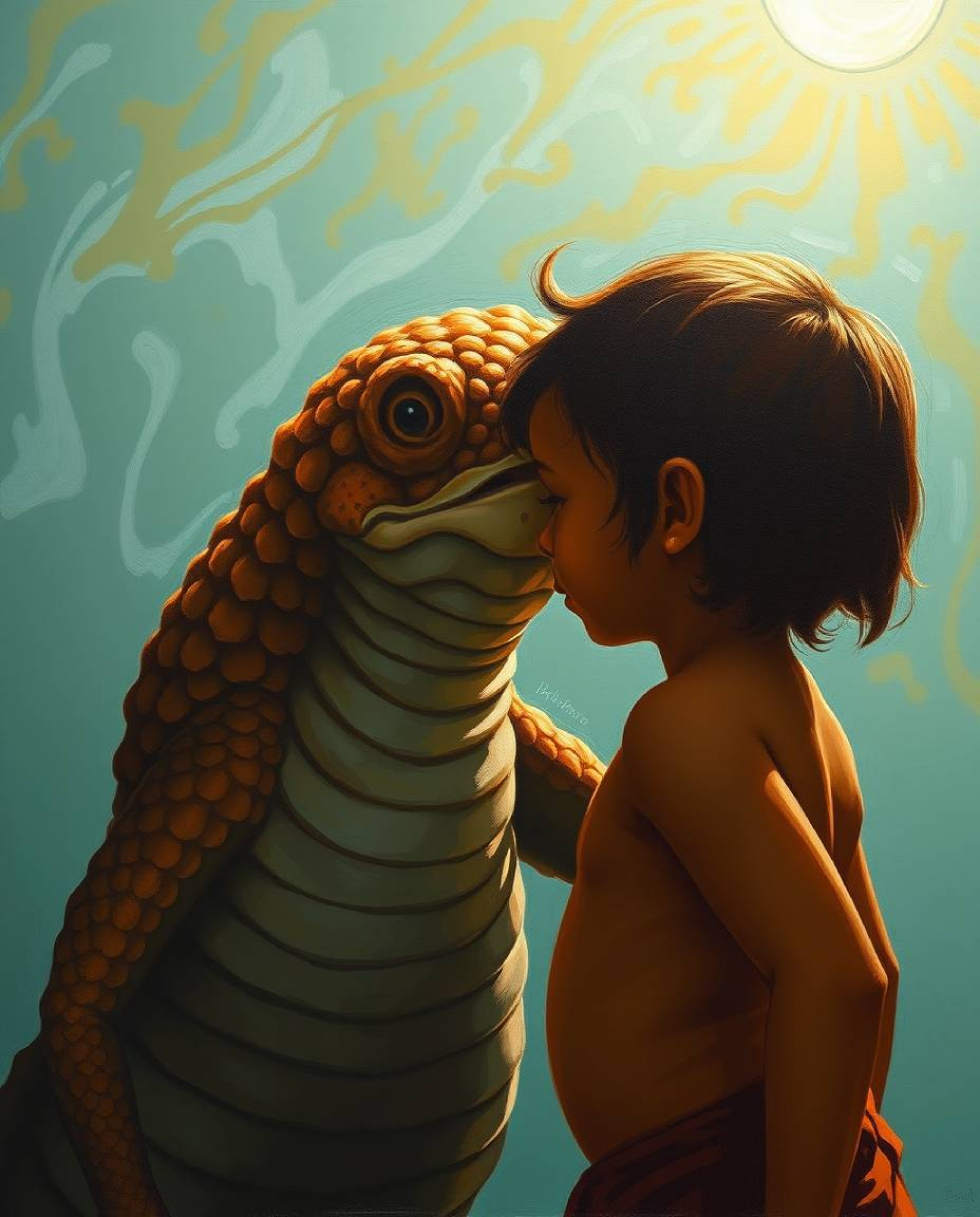 A heartwarming depiction in the style of a classic oil painting shows a fantastical sea creature with intricate scales and sm