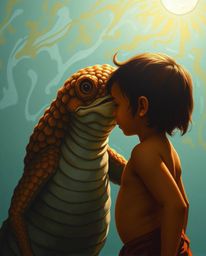A heartwarming depiction in the style of a classic oil painting shows a fantastical sea creature with intricate scales and sm