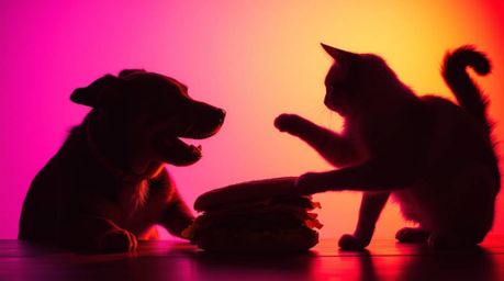 A captivating photograph captures a comical scene of a dog and cat battling over a massive sandwich. The silhouetted backligh