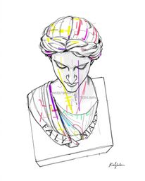 A vibrant, hand-drawn sketchnote depicting a classical sculpture undergoing a colorful glitch effect, viewed from a bird's ey