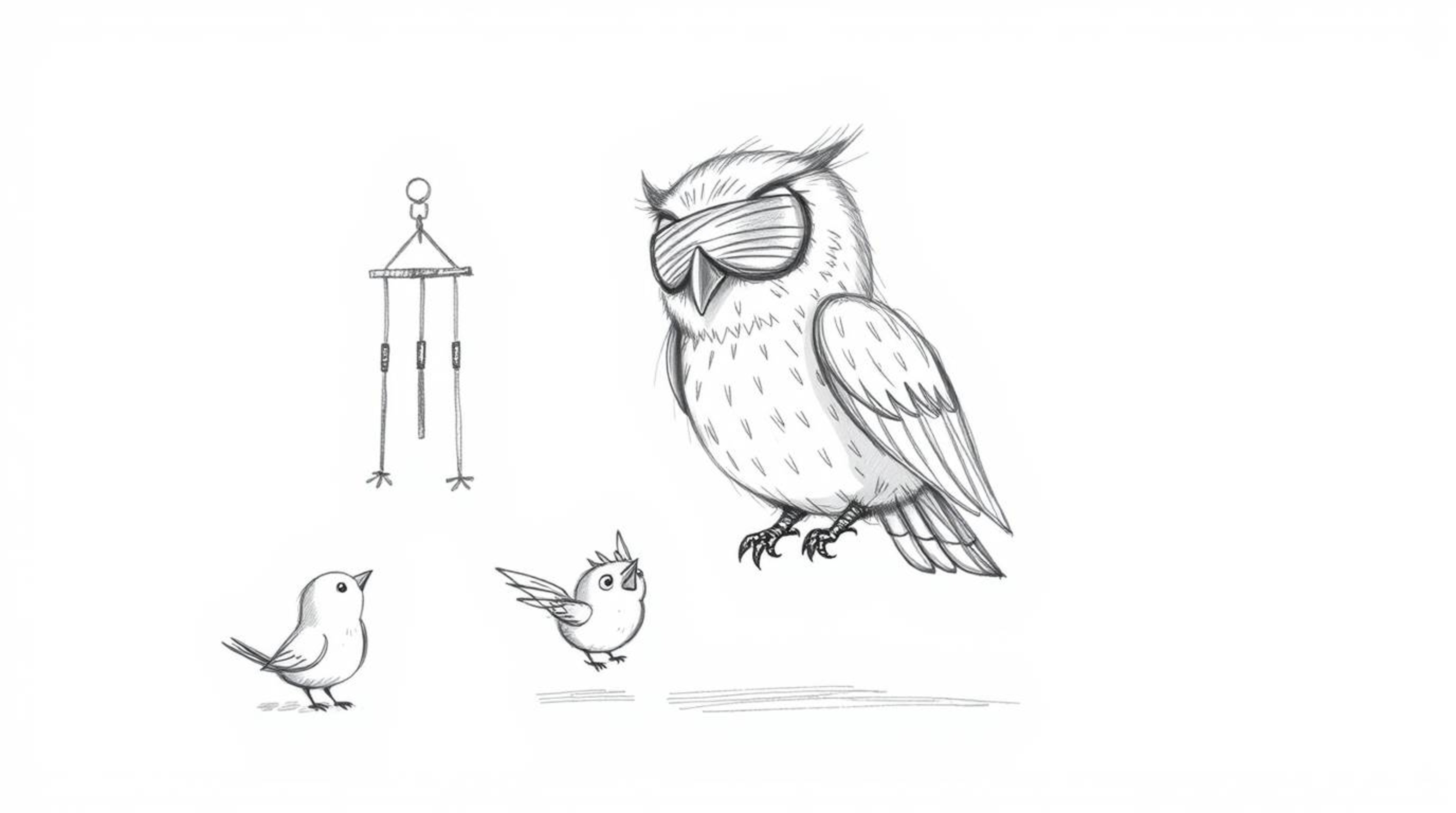 A heartwarming hand-drawn sketch reminiscent of Pixar, portrays a blind owl with delicate, feathery details, ingeniously guid