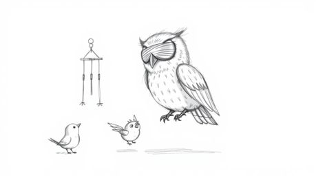 A heartwarming hand-drawn sketch reminiscent of Pixar, portrays a blind owl with delicate, feathery details, ingeniously guid