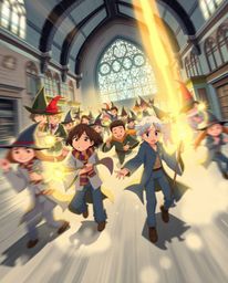 A dynamic motion illustration showcasing a magical school teeming with young wizards. The scene features blurred lines and ac