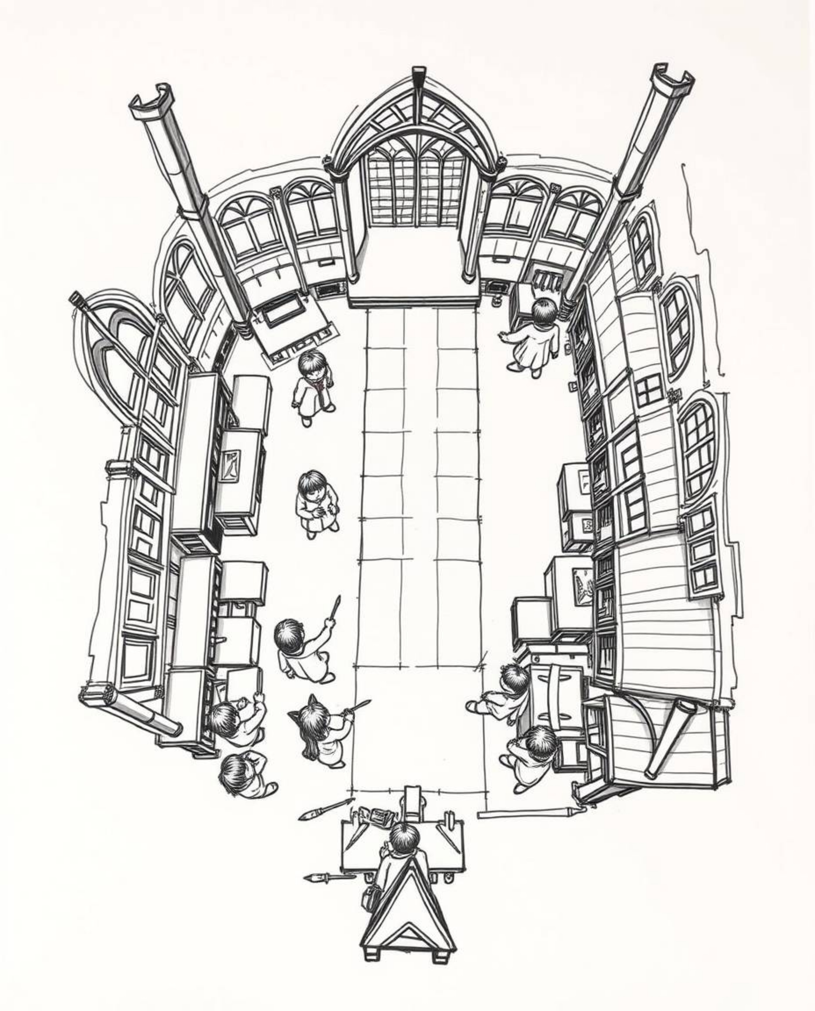 A captivating hand-drawn sketch depicts a magical school bustling with young wizards, viewed from a unique overhead perspecti