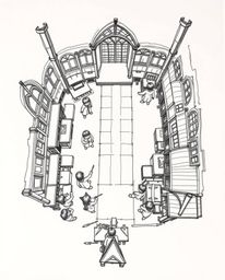 A captivating hand-drawn sketch depicts a magical school bustling with young wizards, viewed from a unique overhead perspecti