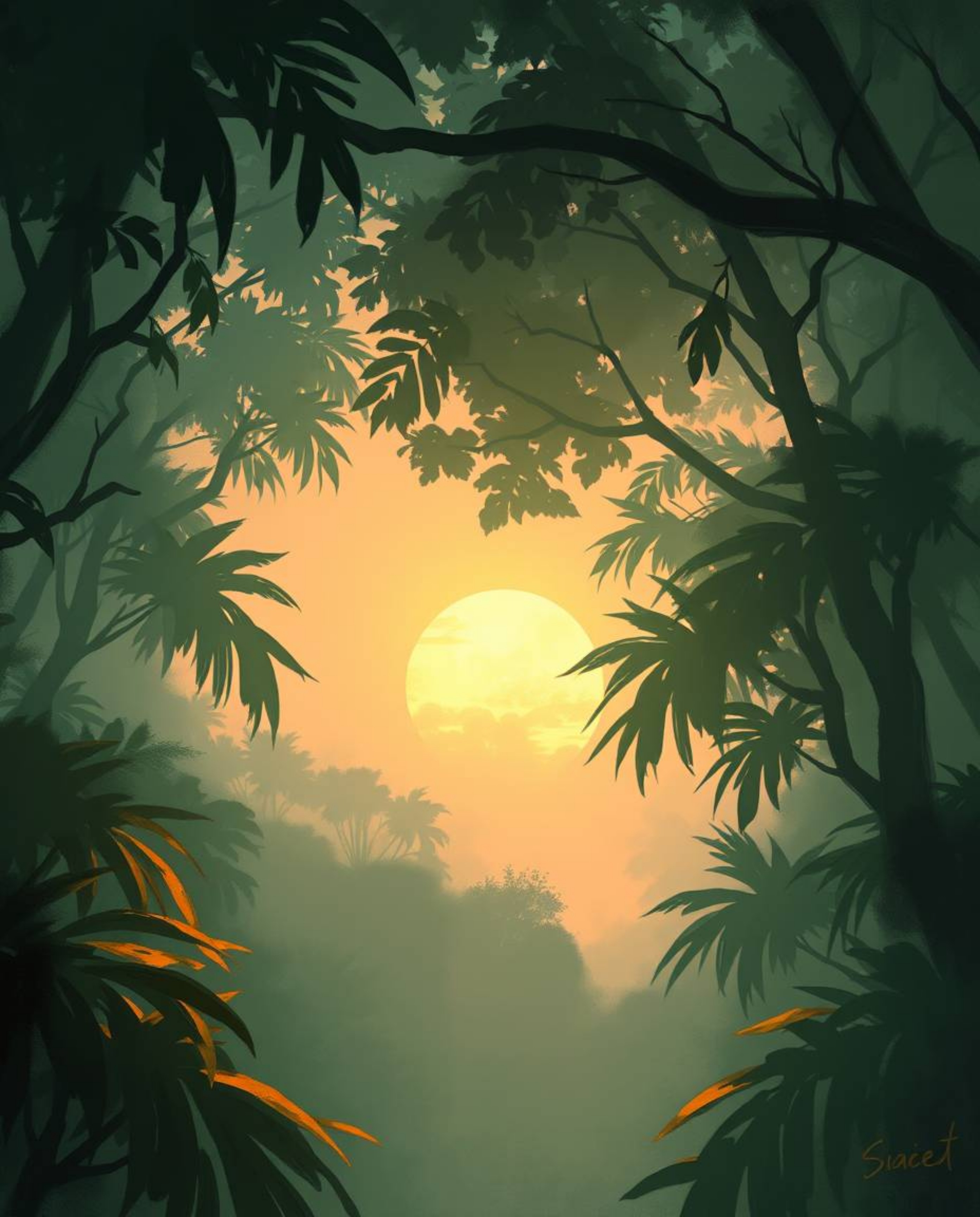A dynamic digital sketch using loose painterly strokes, depicting a misty atmospheric sunset through a dense jungle canopy in