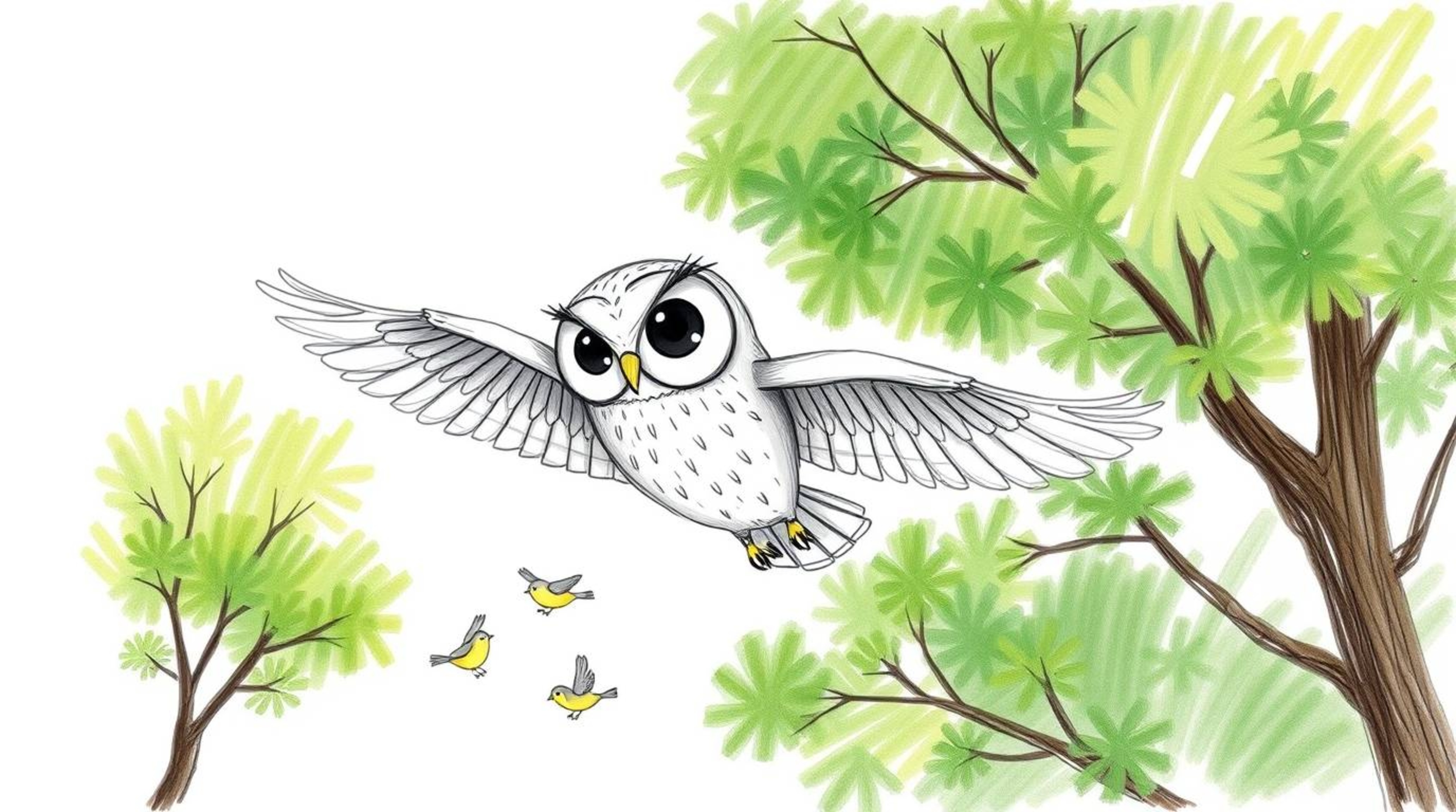 A heartwarming scene depicting a blind owl in a Pixar-inspired hand-drawn style, gracefully gliding between lush green trees.