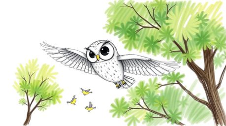A heartwarming scene depicting a blind owl in a Pixar-inspired hand-drawn style, gracefully gliding between lush green trees.