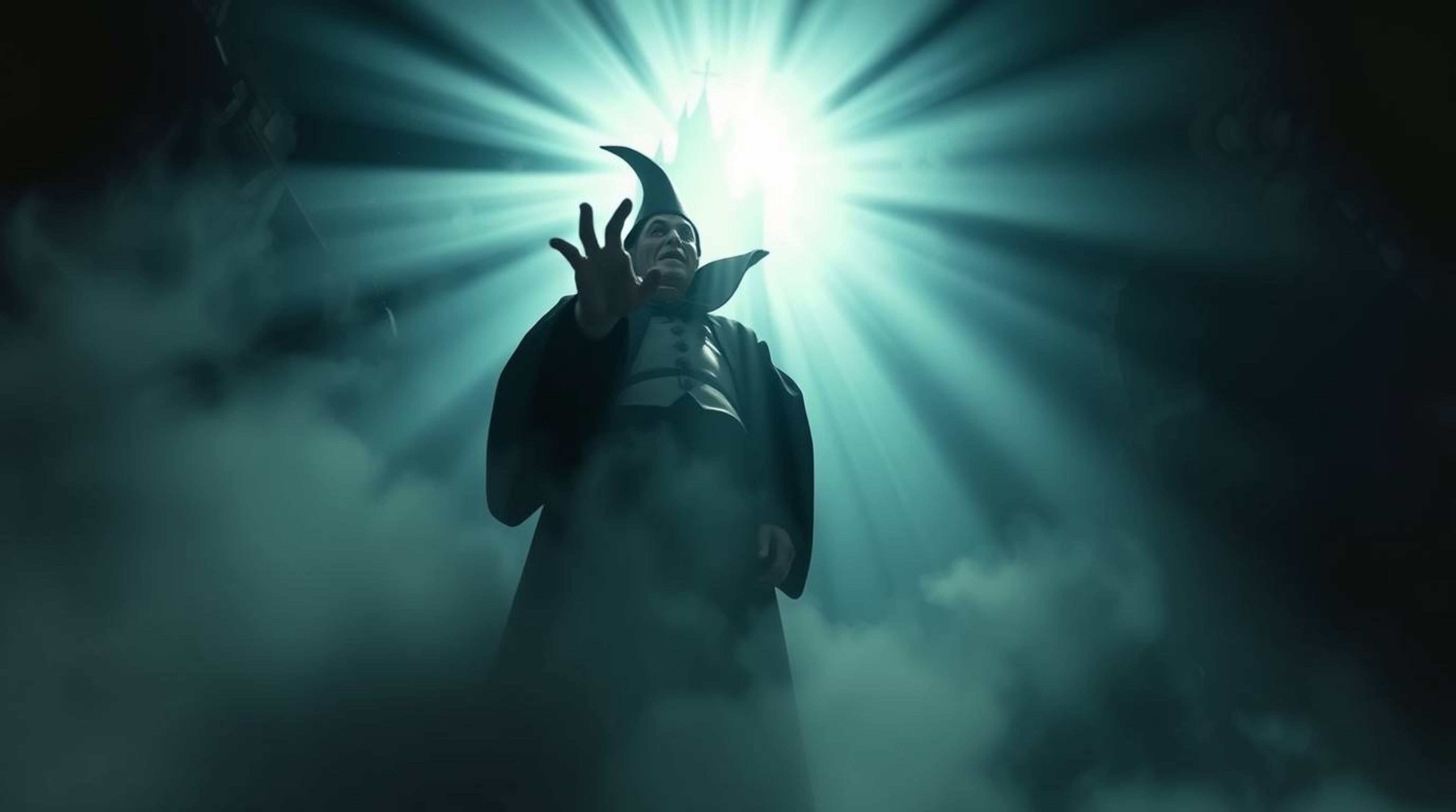 This low-angle shot captures a classic Disney villain in the midst of casting a powerful spell within the confines of an anci