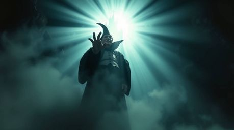 This low-angle shot captures a classic Disney villain in the midst of casting a powerful spell within the confines of an anci