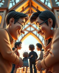 Experience an emotional and visually stunning family reunion in Pixar style through extreme macro close-up architectural phot