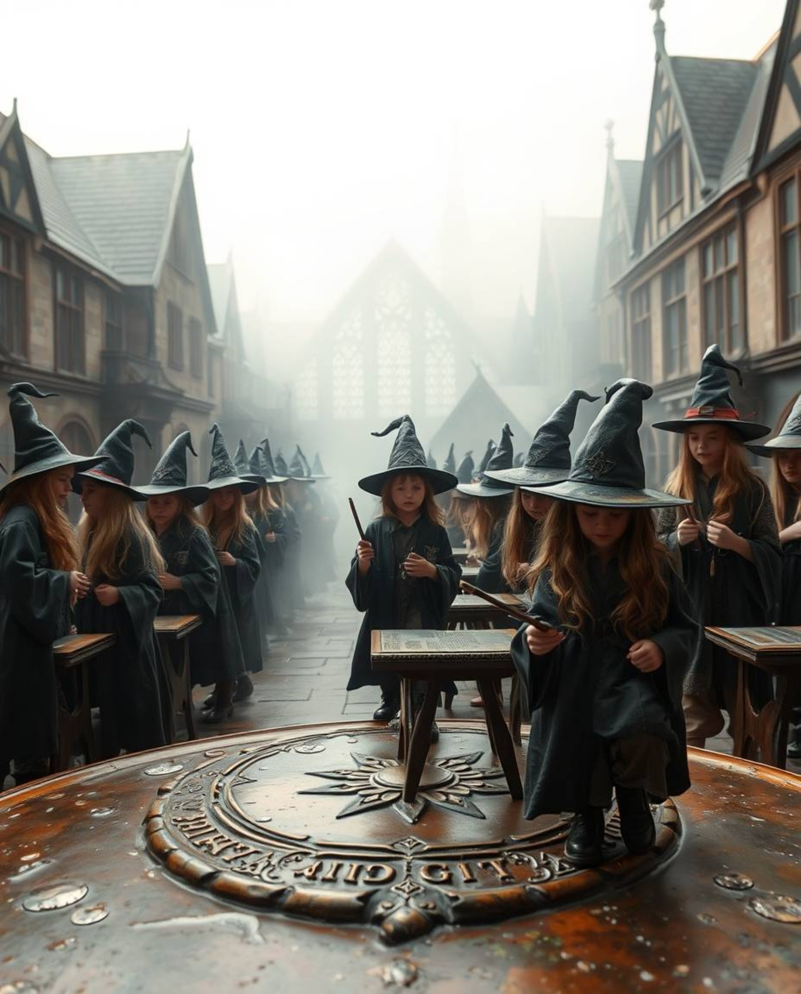Explore a captivating depiction of a magical school brimming with young wizards, rendered on a cast bronze surface. This artw