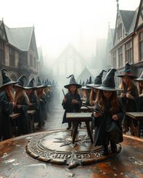 Explore a captivating depiction of a magical school brimming with young wizards, rendered on a cast bronze surface. This artw