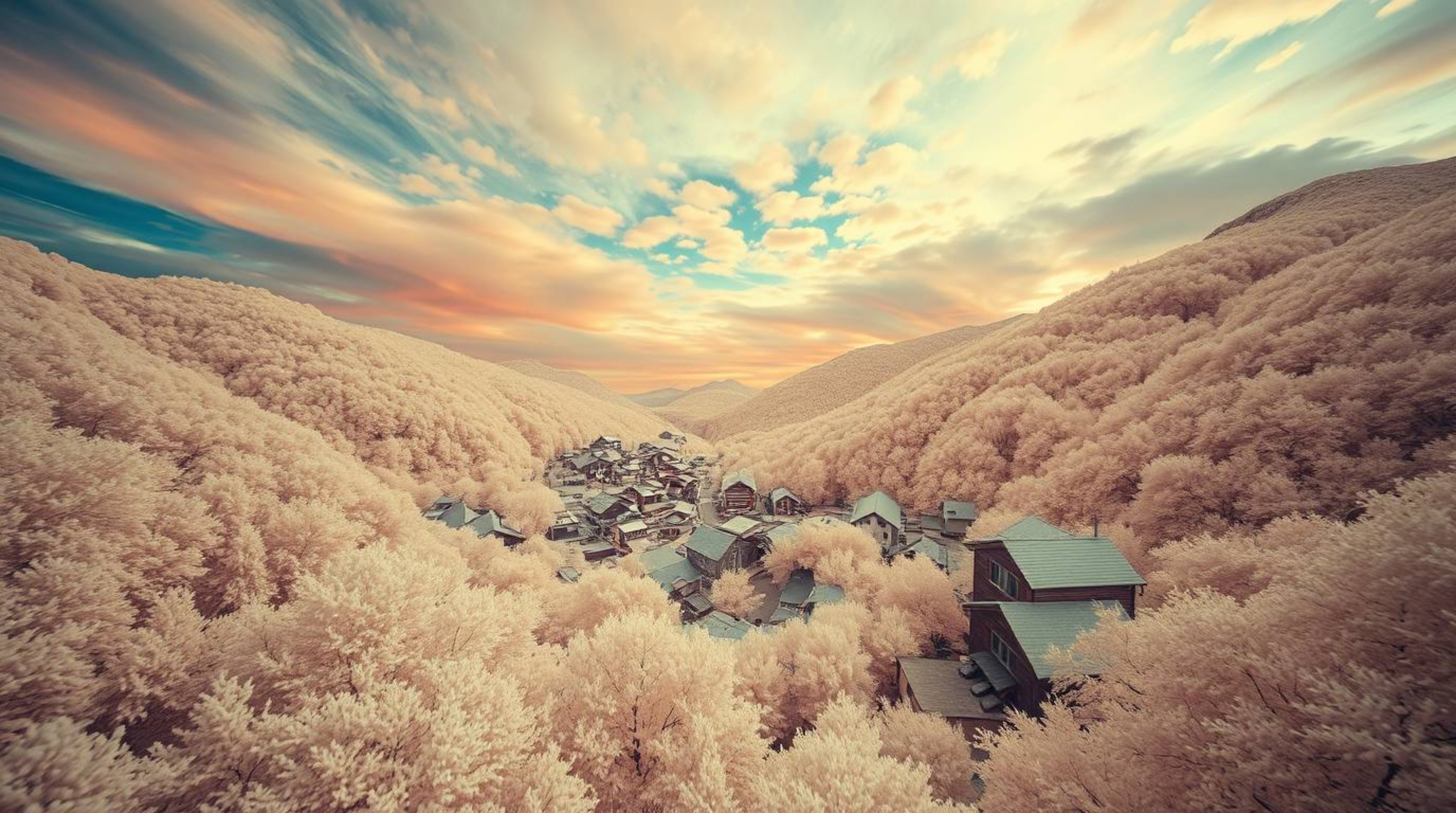 Explore a captivating scene featuring a cozy village nestled in a valley, bathed in the surreal tones of infrared photography