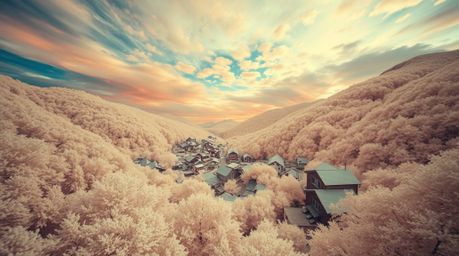 Explore a captivating scene featuring a cozy village nestled in a valley, bathed in the surreal tones of infrared photography