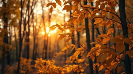 A captivating close-up captures an autumn forest bathed in the golden light of sunset.  Creative artistic lighting enhances t