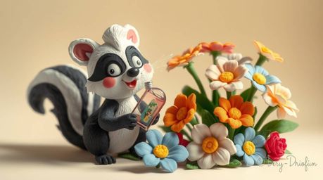 This artwork depicts a playful cartoon skunk joyfully spraying perfume onto vibrant flowers. Crafted from soft, layered papie