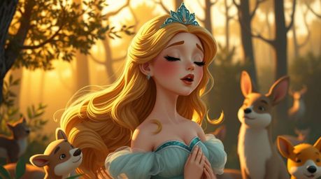 Immerse yourself in a vintage 2D animation featuring a princess with porcelain skin and golden hair, serenely singing amidst 