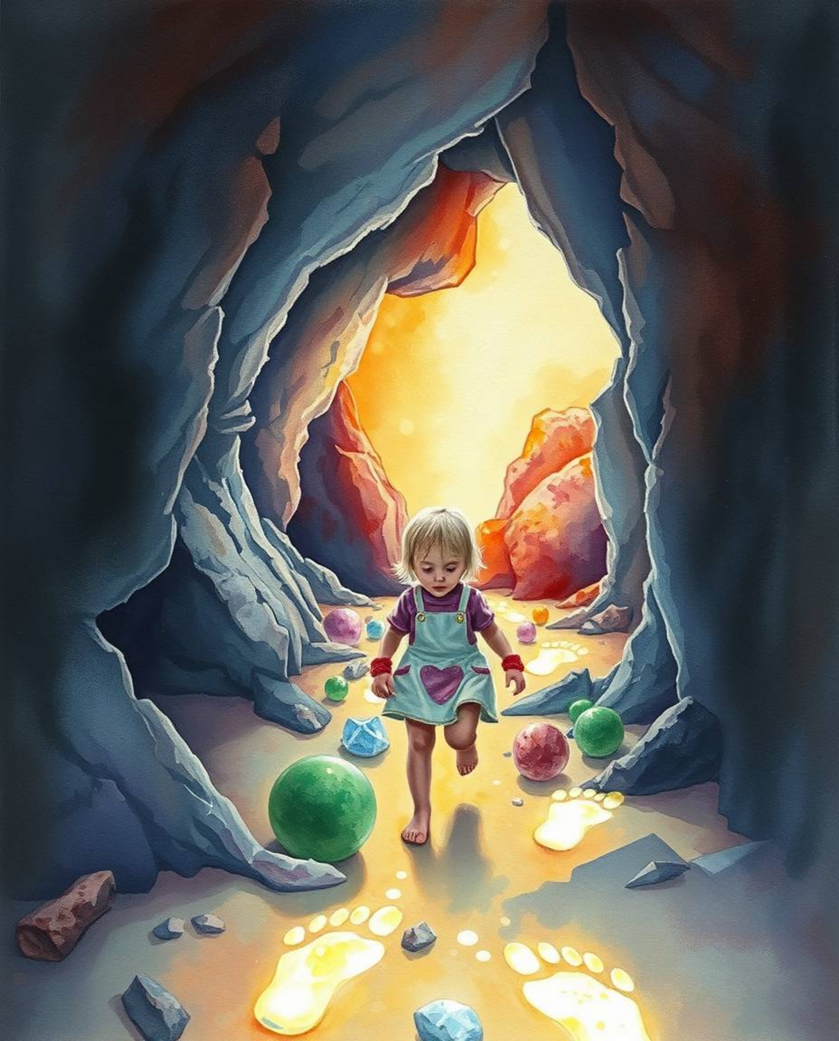 A captivating surreal watercolor painting depicts a child with delicate features venturing into a cave, guided by a mesmerizi