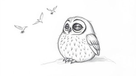 A heartwarming hand-drawn sketch in the style of Pixar depicts a blind owl, its feathers textured with subtle detail, resting