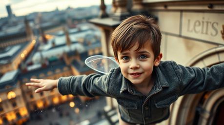 This architectural color photograph captures a young boy seemingly flying above London with the help of pixie dust. The image