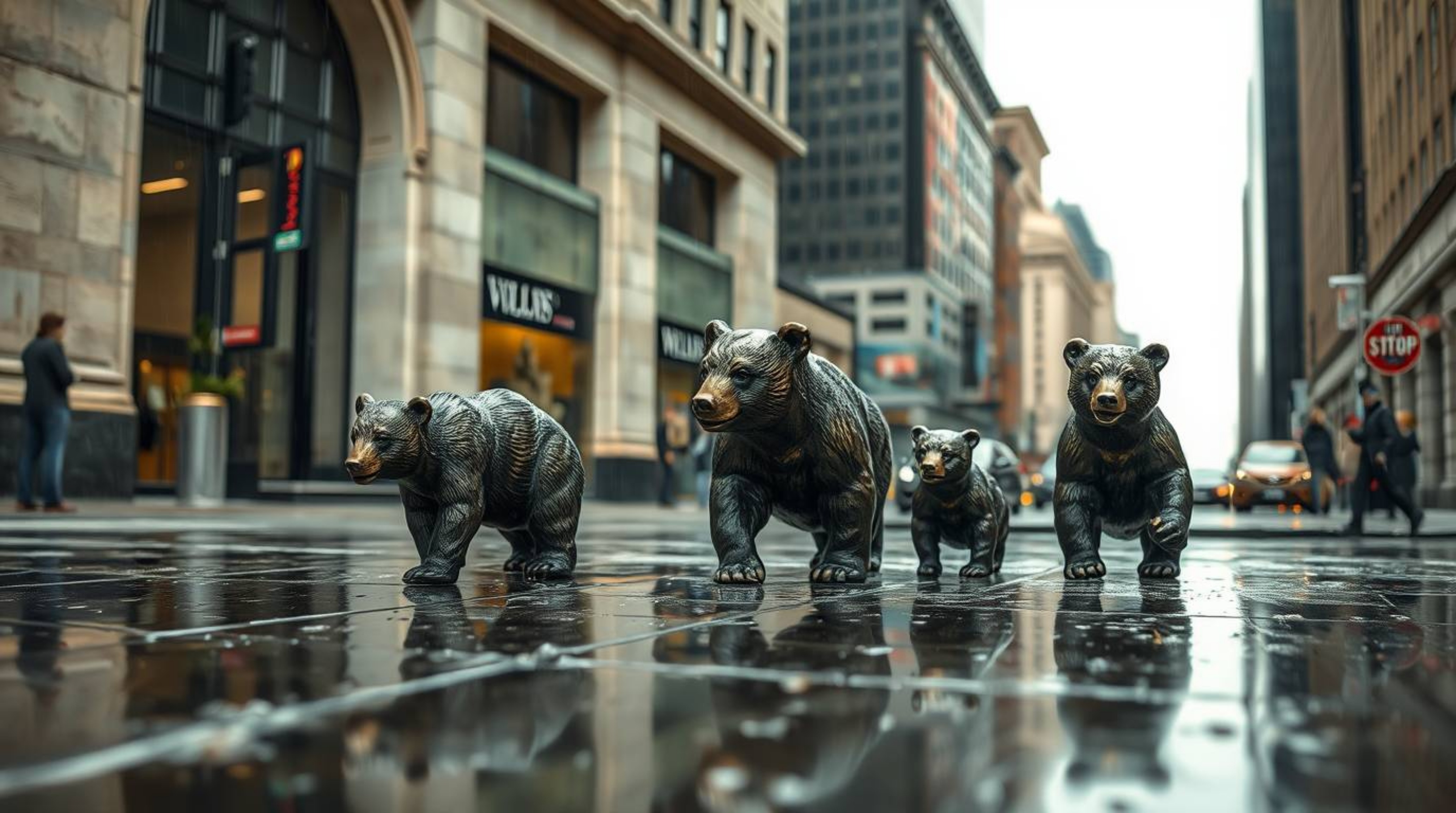 A captivating bronze sculpture depicts a bear family embarking on an unexpected urban adventure.  The scene is exquisitely de