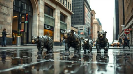 A captivating bronze sculpture depicts a bear family embarking on an unexpected urban adventure.  The scene is exquisitely de