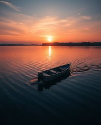 This is a high-resolution stock photo of a boat drifting on a lake during sunset. The image is styled dramatically in a cinem