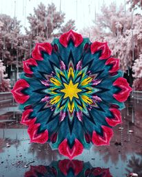 Explore a surreal infrared image showcasing a geometric floral mandala bursting with vibrant colors and symmetric design. Dri