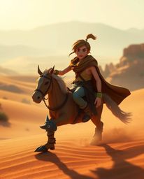 Embark on a captivating desert adventure with a brave, Disney-esque hero, presented in a soft and dreamy atmosphere. The scen