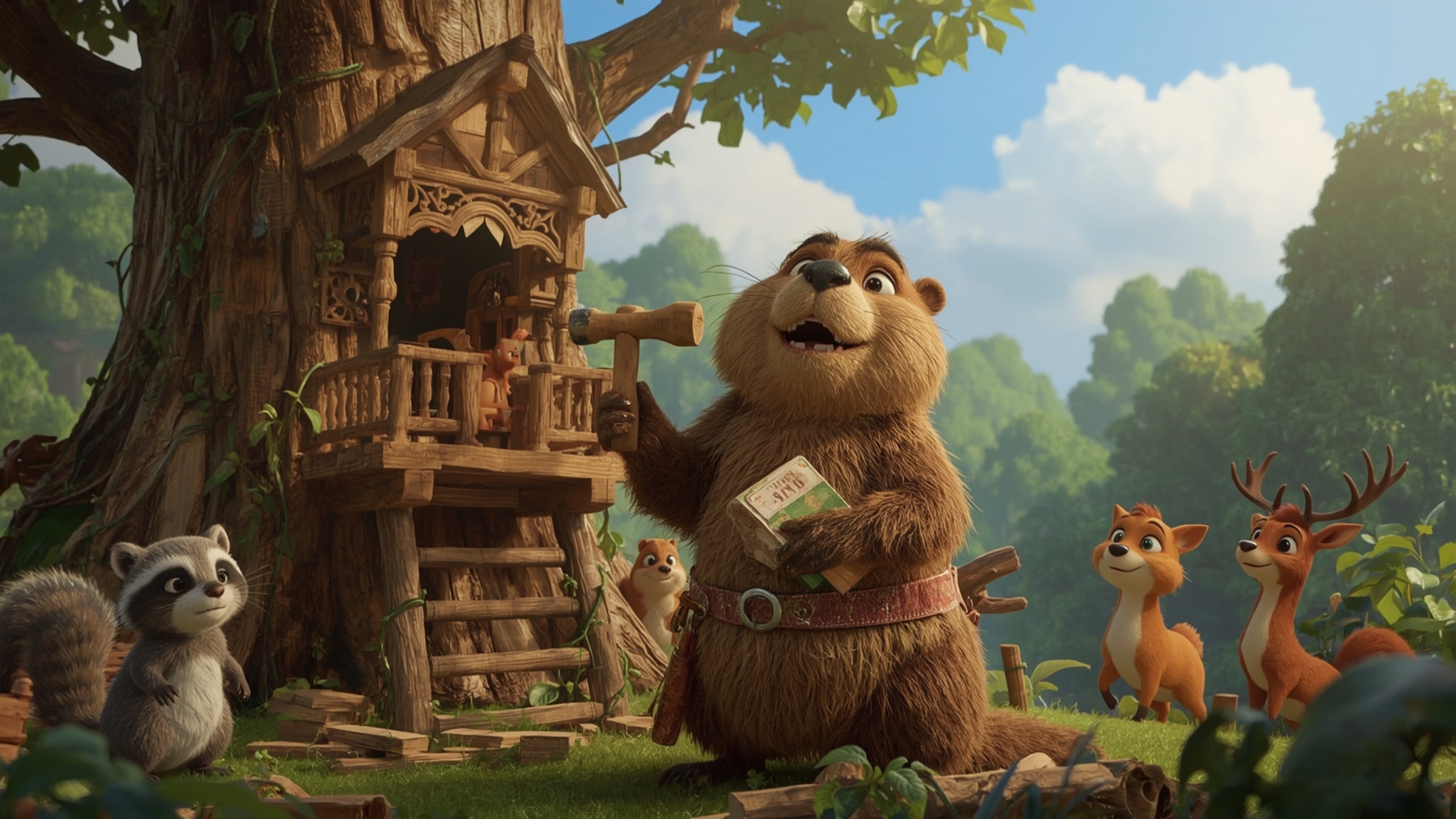A high-resolution commercial stock photo captures a joyful, anthropomorphic beaver wearing a tool belt, building a whimsical,