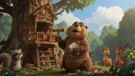 A high-resolution commercial stock photo captures a joyful, anthropomorphic beaver wearing a tool belt, building a whimsical,