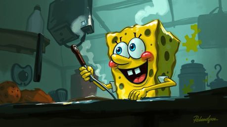 A captivating digital sketch showcases a sponge character passionately cooking in a vibrant underwater kitchen.  Rendered wit