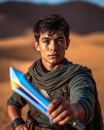 A captivating fine art photograph depicts a brave, Disney-style hero embarking on a desert adventure.  The image showcases st