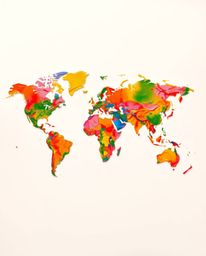 This artwork features a captivating world map formed by vibrant, colorful splashes, creating a creative abstract concept. Bat