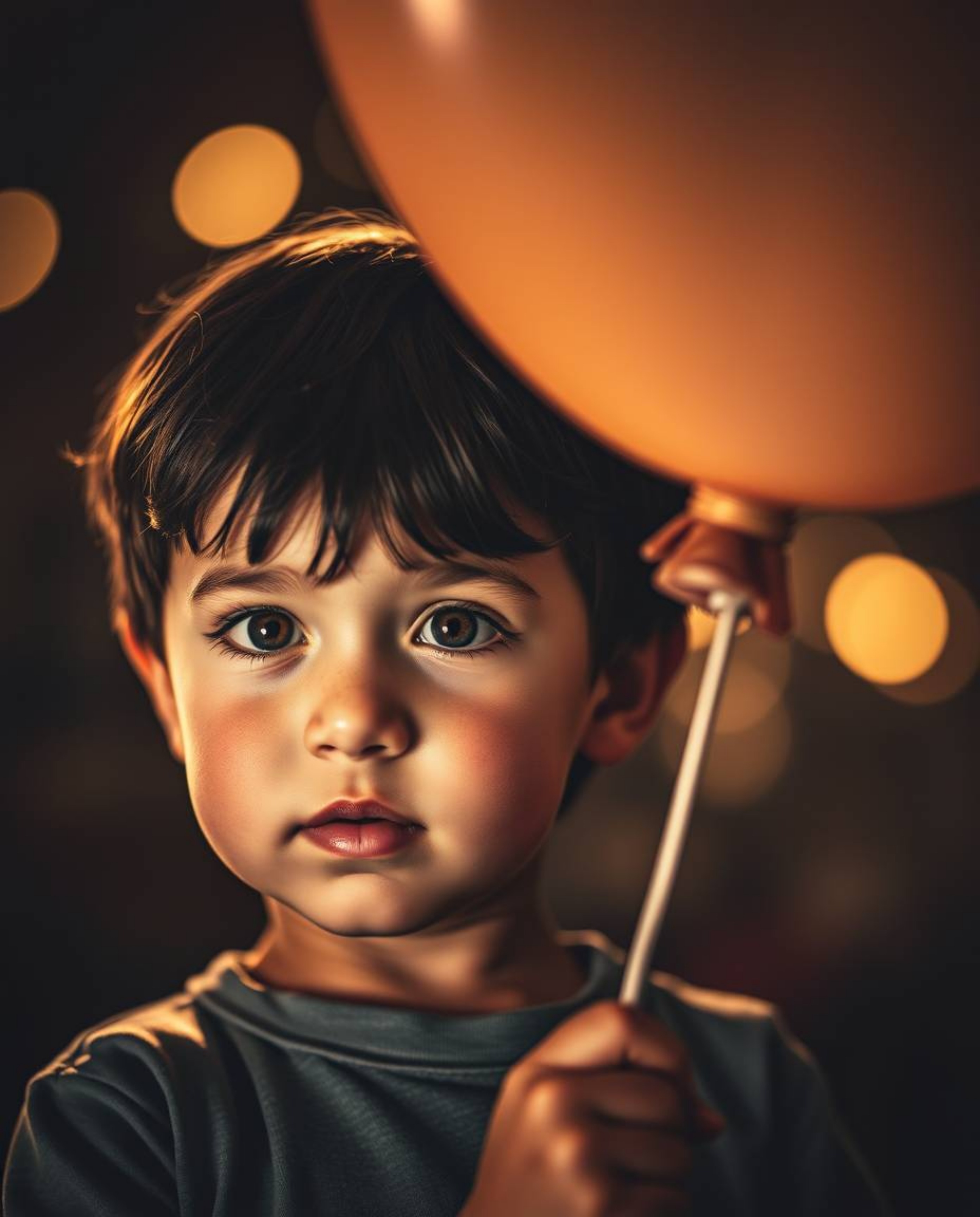 A captivating image featuring a child with freckled skin holding a vibrant balloon. The photograph showcases intense, dramati