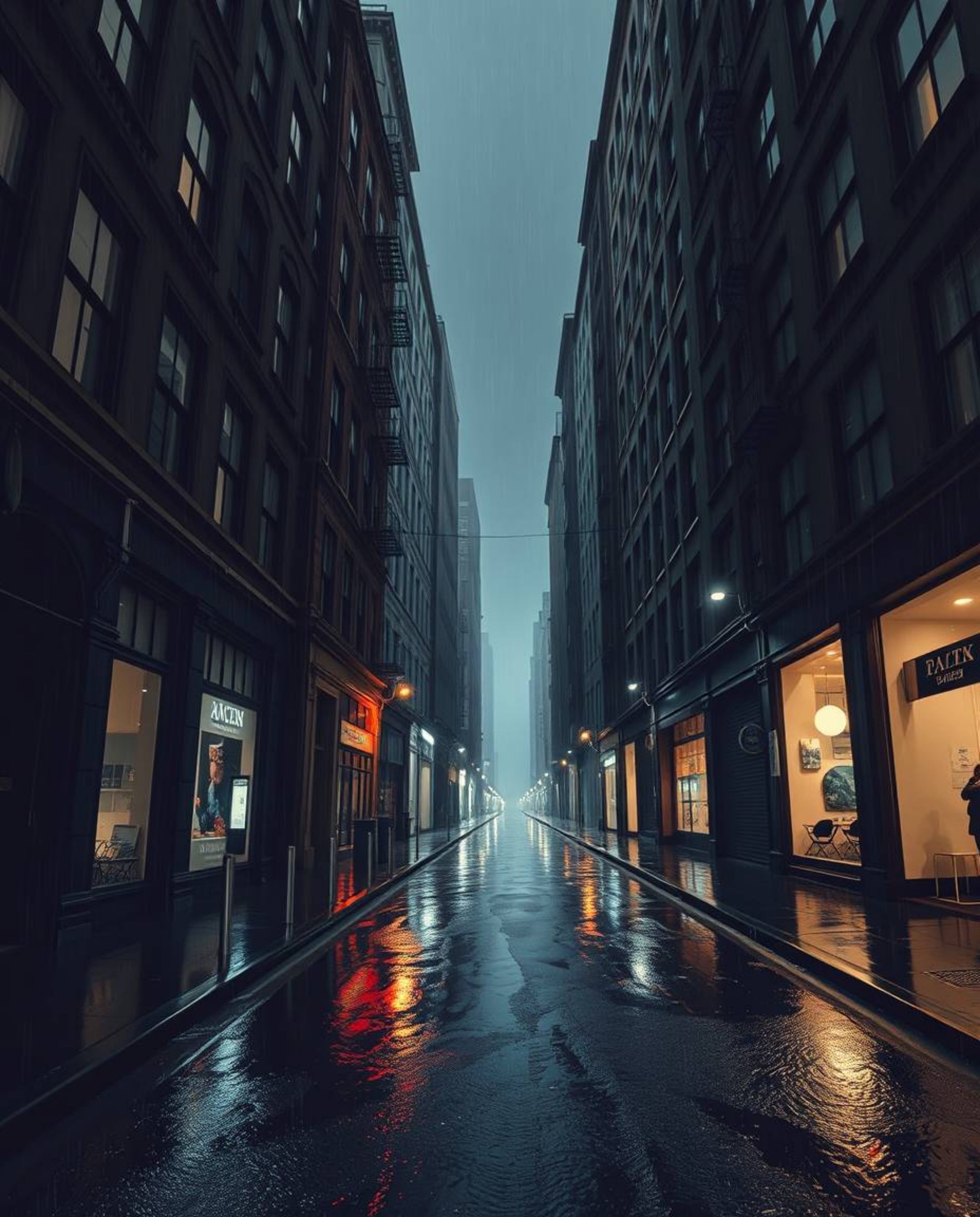 Immerse yourself in a surreal street scene where buildings defy gravity, folding and twisting in an intense jet black, creati